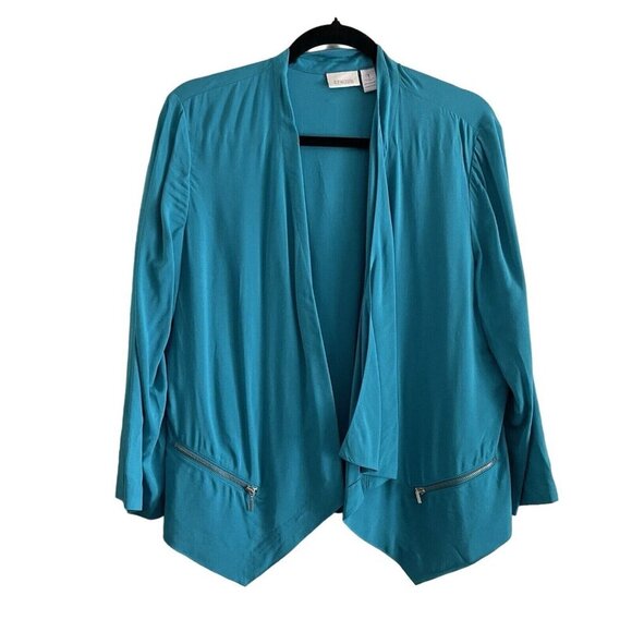 Chicos Women SZ 1/Small Turquoise Blue Open Drape Front Zip Pocket Blazer Jacket - Picture 1 of 8